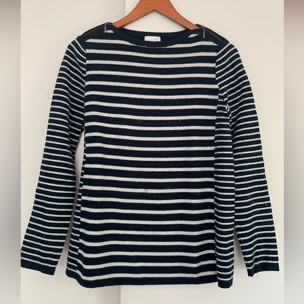 J.Jill Tunic Sweater women’s XS -black & white stripes -zippers at shoulders GUC